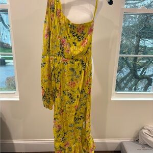 HEMANT & NANDITA Vibrant Yellow Floral One-Shoulder Dress